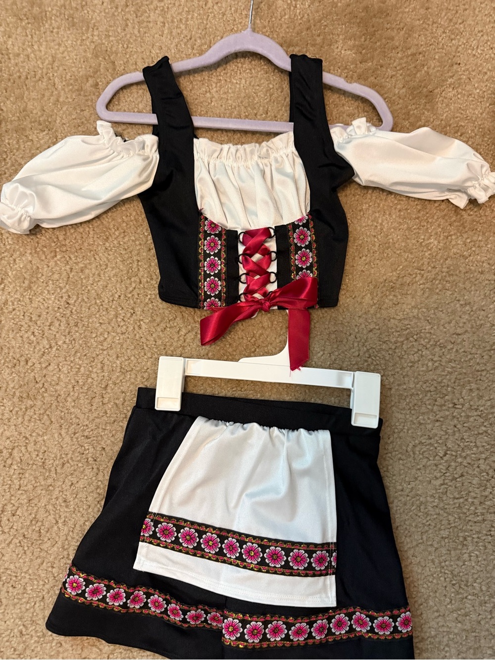 Girls Black & White Folk Dance Costume with Pink Floral Trim